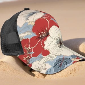 Elegant Red, White, and Blue Floral Trucker Hat, Summer Hat  display picture 1