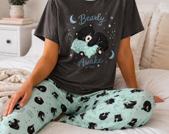 Bear Pajama Set, Women’s Bear Sleepwear, Cute Black Bear Lounge Set, Mint Pajama Pants Set, Cozy Animal Pajamas