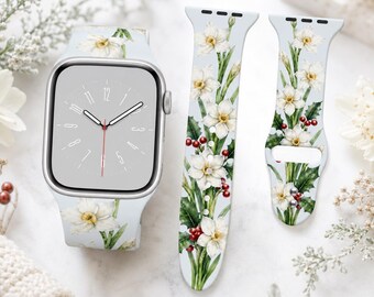 December Birth Flower Watch Band, Paperwhite Floral Watch Strap, Holly Berry Botanical Band, Birthday Gift for Her, Winter Flower Watch Band