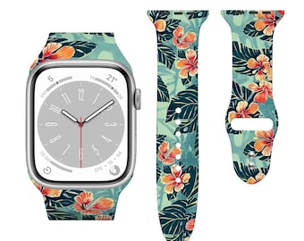 Tropical Floral Watch Band – Silicone Strap Compatible with Apple Watch 38/40/42/44mm  Colorful Hibiscus Print Gift for Her