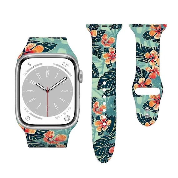 Tropical Floral Watch Band – Silicone Strap Compatible with Apple Watch 38/40/42/44mm  Colorful Hibiscus Print Gift for Her