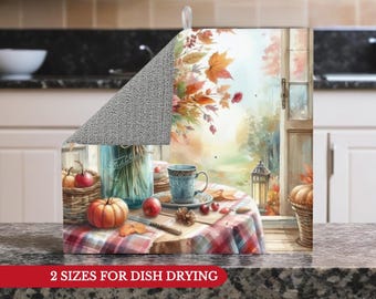 Autumn Dish Drying Mat with Pumpkins & Plaid | Absorbent Kitchen Counter Mat | Fall Home Decor | 2 Sizes | Coffee Bar Gift