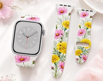 October Birth Flower Watch Band, Yellow Marigold Cosmos Floral Watch Strap, October Birthday Gift for Her, Botanical Watch Band
