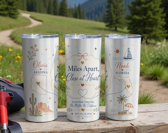 Personalized Long Distance Relationship Tumbler, Custom State Map Drinkware, Miles Apart Close at Heart Couple Gift, Anniversary Wedding