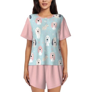 Dog Print Pajama Set for Women – Cute Pet Lover Sleepwear with Shorts, Comfy Summer PJs, Cartoon Dog and Paw Print Loungewear, S–4XL