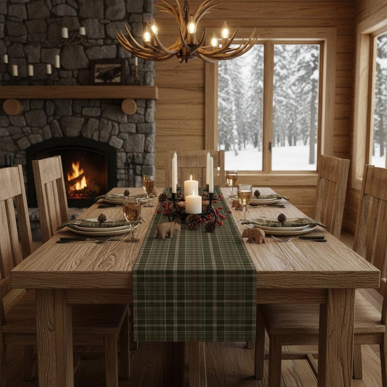Rustic Green Plaid Table Runner – Farmhouse Checkered Table Decor – 72" x 13" Woven Polyester Runner – Cozy Cabin or Lodge Style Accent image 5
