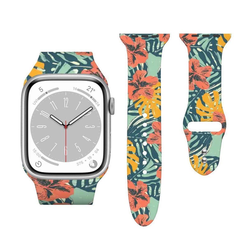 a watch band with a floral pattern on its strap and a watch face with a floral pattern on its face.