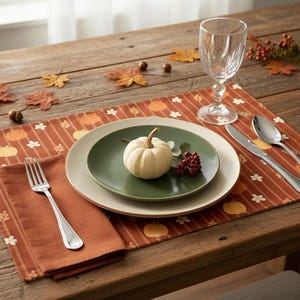 May include: A rectangular placemat with a brown and orange striped pattern featuring small pumpkins and leaves. It holds a white dinner plate, a smaller green salad plate topped with a white pumpkin, a fork, a knife, a spoon, and a glass.