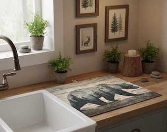Rustic Bear Dish Drying Mat – Cabin Lodge Kitchen Decor, Faux Wood Forest Bear Mat, Absorbent Wildlife Counter Protector