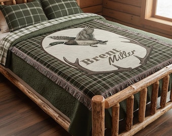 Coperta e cuscino personalizzati per la caccia alle anatre – Decorazione personalizzata per la cabina – Regalo per lui – Coperta in cotone intrecciato – Coperta vintage con anatra selvatica