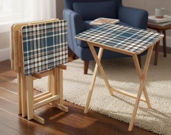 Set of 4 Folding TV Tray Tables – Blue Plaid Wooden Snack Tables with Storage Rack – Rustic Cabin Decor
