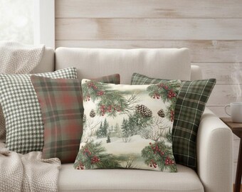 Rustic Cabin Christmas Pillow Covers – Set of 4 Plaid & Pine Throw Pillow Cases (No Inserts)