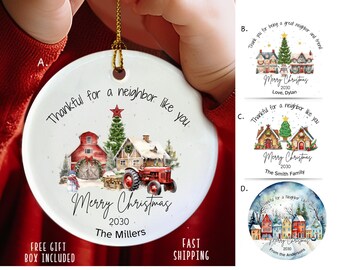 Personalized Christmas Ornament Neighbor Gift Rustic Winter Home Scene Custom Ceramic Holiday Keepsake Farmhouse Christmas Decor Tree