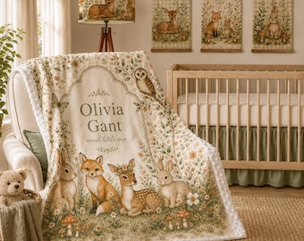 Personalized Woodland Baby Blanket, Baby Name Blanket, Forest Animal Nursery, Fox Deer Bunny Gift, 40x50 Plush Baby Blanket