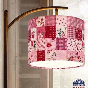 Pink Red Patchwork Floor Lamp – Printed Quilt Design, Adjustable Light, Made in USA, Cottagecore Decor