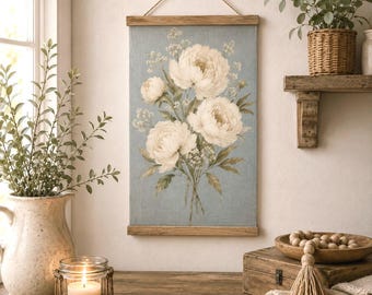 Blue Peony Linen Wall Hanging, Botanical Floral Tapestry, Cottagecore Farmhouse Decor, Neutral Flower Banner, Vertical Fabric Wall Art