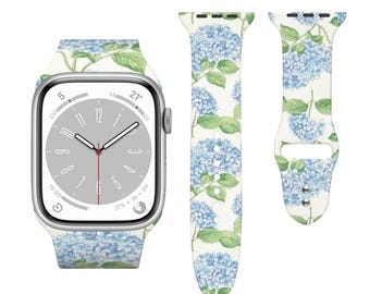Hydrangea or Gingham Watch Band – Soft Silicone Strap Compatible with Apple Watch 38/40/42/44mm , Floral or Check Print