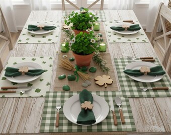Reversible Shamrock Placemats Set, Green Buffalo Check Table Mats, St. Patrick's Day Decor, Farmhouse Spring Kitchen Linens
