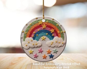 Rainbow Starry Night Ornament, Rainbow Ornament, Colorful Ceramic Decor, Printed Embroidery Effect Ornament, Printed 3D Effect, Unique Gift