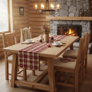 May include: A rectangular wooden dining table with four matching chairs featuring beige seat cushions. A red and cream checkered table runner with small heart patterns runs down the center, topped with a ceramic vase of dried flowers and bowls.