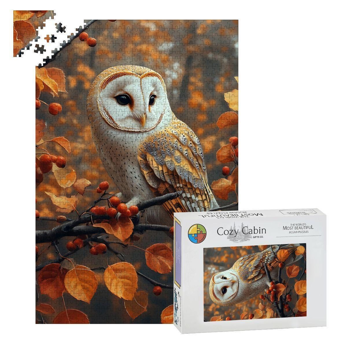 Autumn Owl Puzzle &ndash; Barn Owl Fall Leaves Jigsaw &ndash; Cozy Animal Puzzle &ndash; 1000/500/30