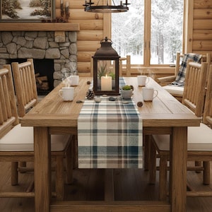 Rustic Blue Plaid Table Runner – Cabin Farmhouse Dining Decor – Woven Polyester Lodge Table Accent – Classic Tartan Table Scarf