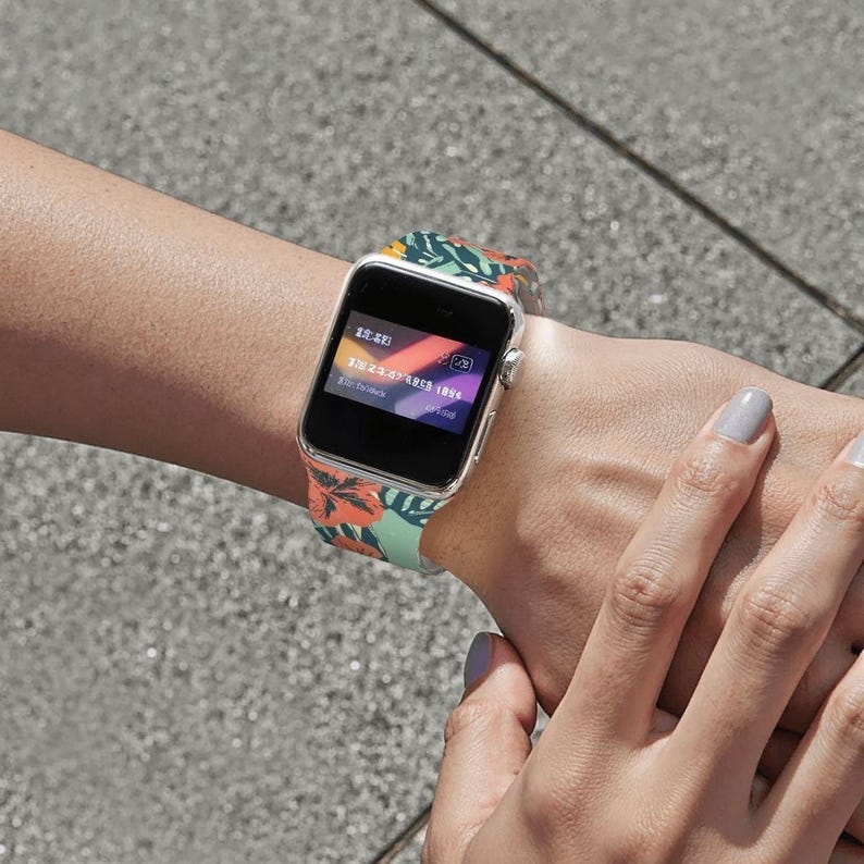 Tropical Floral Watch Band – Silicone Strap Compatible with Apple Watch 38/40/42/44mm Colorful Hibiscus Print Gift for Her image 10