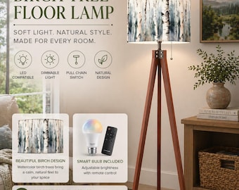 Birch Tree Tripod Floor Lamp – Rustic Woodland Standing Lamp with Remote – Cabin Decor Lighting – Farmhouse Nature Linen Shade – Made in USA