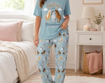 Horse Pajama Set for Women, Gallop Into Dreamland Sleepwear, Cute Horse Lover Lounge Set, Soft Pajamas with Pockets