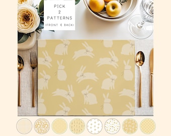 Farmhouse Dining Placemats - Reversible Plaid and Bunny Patterns