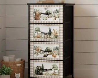 Woodland Animal Dresser – 4 Drawer Fabric Storage Tower with Forest Friends Print – Cute Neutral Nursery or Kids Room Organizer