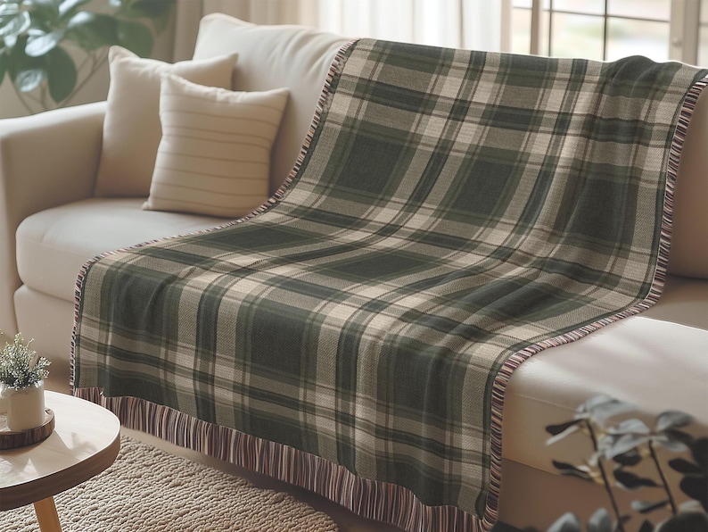 Plaid Throw Blanket for Sofa, Cozy Green and Beige Checkered Blanket, Large Decorative Couch Blanket, Soft Warm Blanket for Living Room