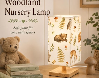 Woodland Nursery Lamp, Forest Animal Table Lamp, Bear Fox Deer Owl Kids Room Decor, Rustic Bedside Lamp with Remote LED Bulb
