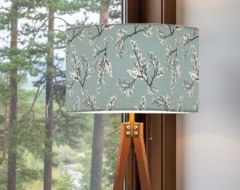 Blue Floral Branch Tripod Floor Lamp Shade, Soft Sage Botanical Drum Lamp, Cottage Farmhouse Living Room Bedroom Decor