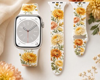 November Birth Flower Watch Band, Chrysanthemum Floral Watch Strap, Golden Mum Botanical Band, November Birthday Gift for Her