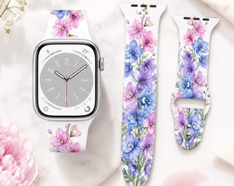 July Birth Flower Watch Band, Larkspur Floral Watch Strap, July Birthday Gift for Her, Blue Pink Botanical Watch Band