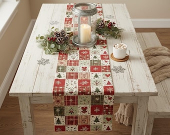 Christmas Table Runner, Rustic Farmhouse Holiday Patchwork Decor, Printed Quilt Style Red & Green Runner, Festive Xmas Dining Table