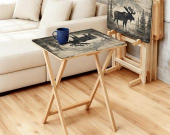 Rustic Moose TV Tray Table Set, Folding Snack Tables with Mountain Scene, Cabin Lodge Decor, Woodland Furniture Accent