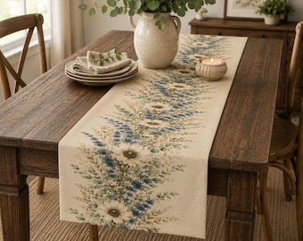 Blue Wildflower Table Runner, Cottagecore Farmhouse Decor, Rustic Floral Table Runner, French Country Dining Table Decor, Botanical Runner