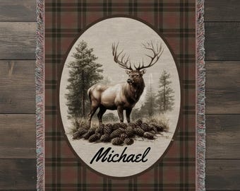 Personalized Elk Blanket Pillow, Deer Name Throw Pillow Blanket, Plaid Custom Lodge Cabin Decor, Hunting Gift for Him, Mountain Art