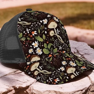 Mushroom and Floral Trucker Hat Custom Nature Hat Black Background Hat with Mushrooms Personalized Festival Hat Boho Forest Hat for Women image 1