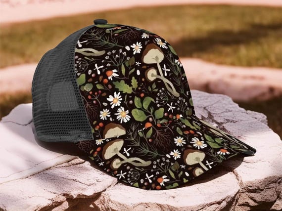 Mushroom and Floral Trucker Hat Custom Nature Hat Black Background Hat with Mushrooms Personalized Festival Hat Boho Forest Hat for Women