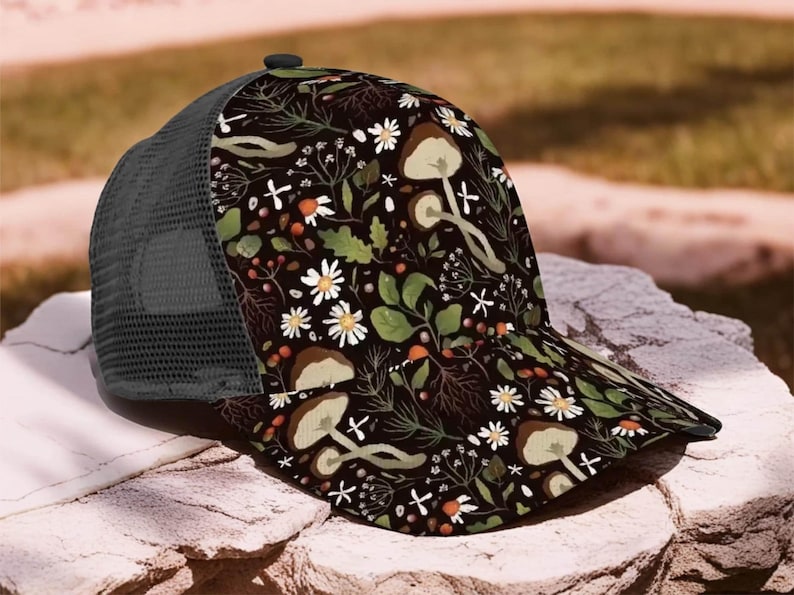 Mushroom and Floral Trucker Hat Custom Nature Hat Black Background Hat with Mushrooms Personalized Festival Hat Boho Forest Hat for Women image 1