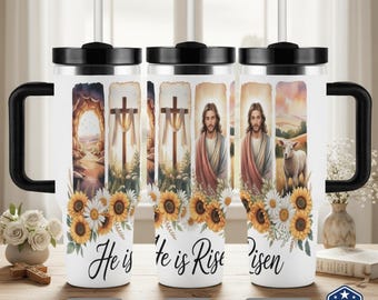 Christian 40oz Tumbler with Handle – He Is Risen Easter Cup, Jesus Sunrise Travel Mug, Insulated Stainless Steel Christian Gift, Made in USA