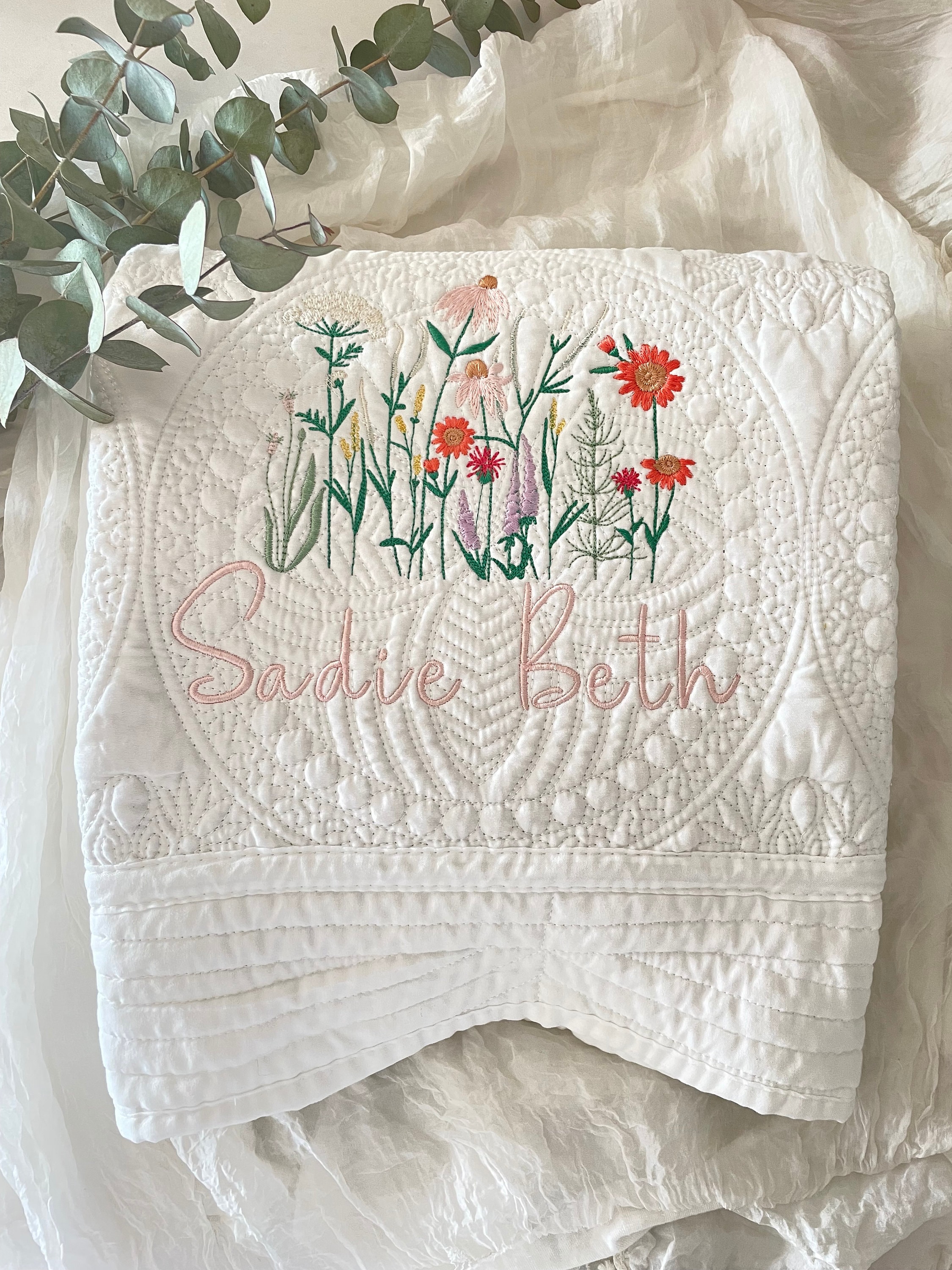 Wildflower Nursery Baby Quilt Blanket Heirloom Embroidered Blanket Flowers  Personalized Baby Blanket Baby Shower Gift  Pregnant Mom Gift