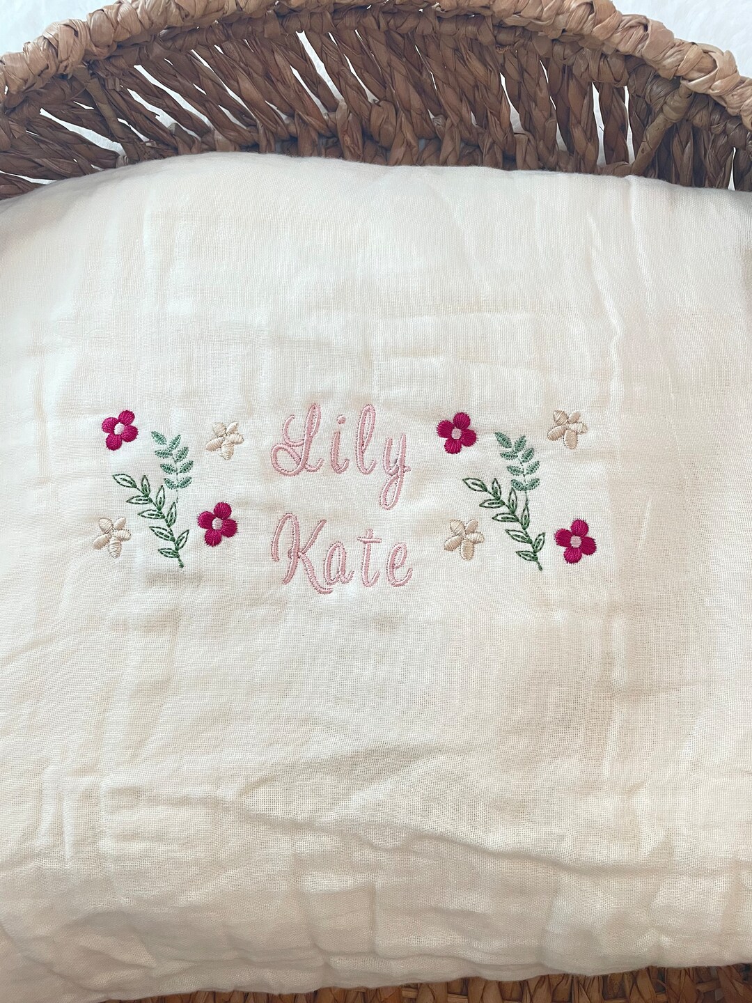 Personalized Embroidered Baby Receiving Blanket, Muslin Floral Baby