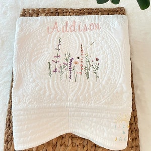 Personalized Wildflower Nursery, embroidered flower Baby Quilt, Embroidered Baby Girl Quilt, Custom Baby Keepsake, Heirloom Baby Shower Gift