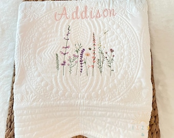 Personalized Wildflower Nursery, embroidered flower Baby Quilt, Embroidered Baby Girl Quilt, Custom Baby Keepsake, Heirloom Baby Shower Gift