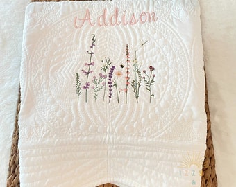 Personalized Wildflower Nursery, embroidered flower Baby Quilt, Embroidered Baby Girl Quilt, Custom Baby Keepsake, Heirloom Baby Shower Gift