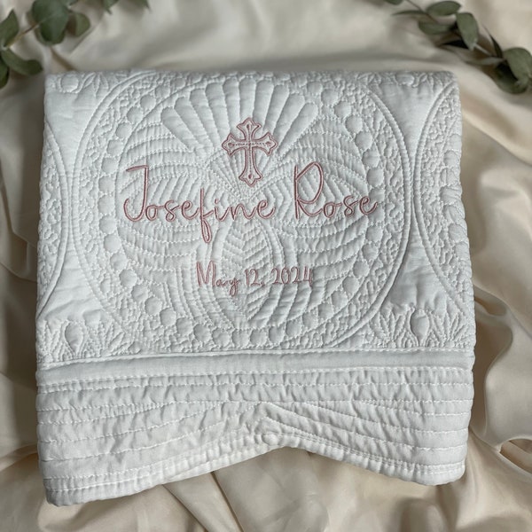 Personalized Baptism Baby Quilt Gift for Girl Christening Gift Baby Blanket From Godmother Gift With Cross Baptismal keepsake Monogram